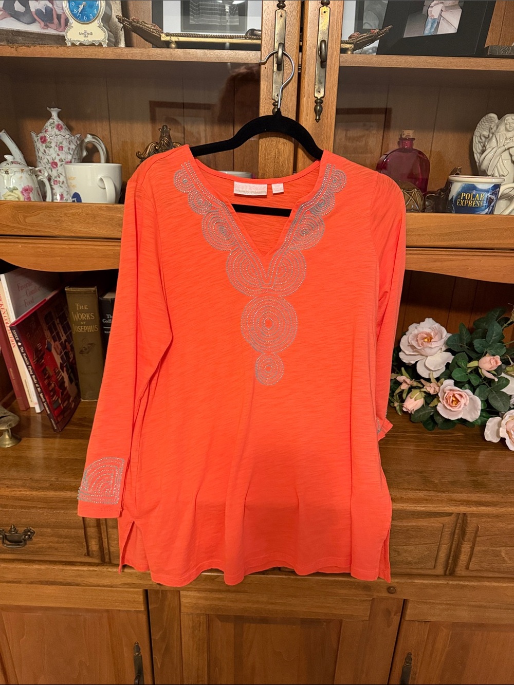 Belle by Kim Gravel Coral Embroidered V-Neck Tunic